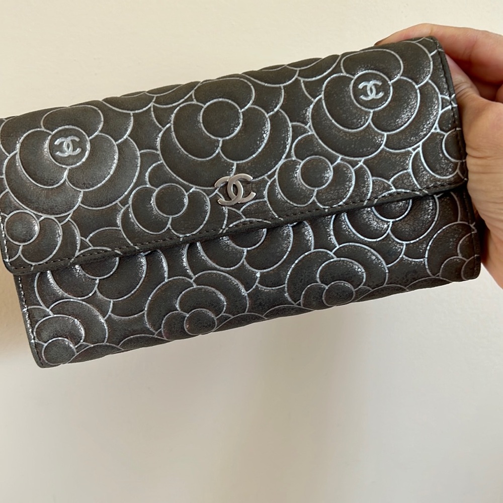 Rare Color Chanel Camellia Wallet in a Metallic Charcoal Gray